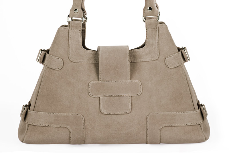 Sand beige women's dress handbag, matching pumps and belts. Rear view - Florence KOOIJMAN